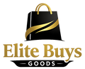 A logo featuring a black shopping bag with gold handles and a gold diagonal stripe, above the text 'Elite Buys GOODS' in gold on a white background.