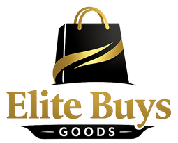 A logo featuring a black shopping bag with gold handles and a gold diagonal stripe, above the text 'Elite Buys GOODS' in gold on a white background.