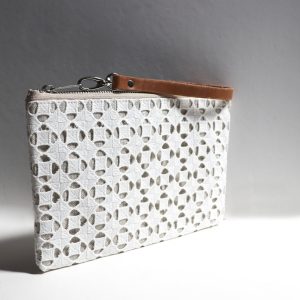 Linen Wristlet with Embroidered Eyelet Overlay