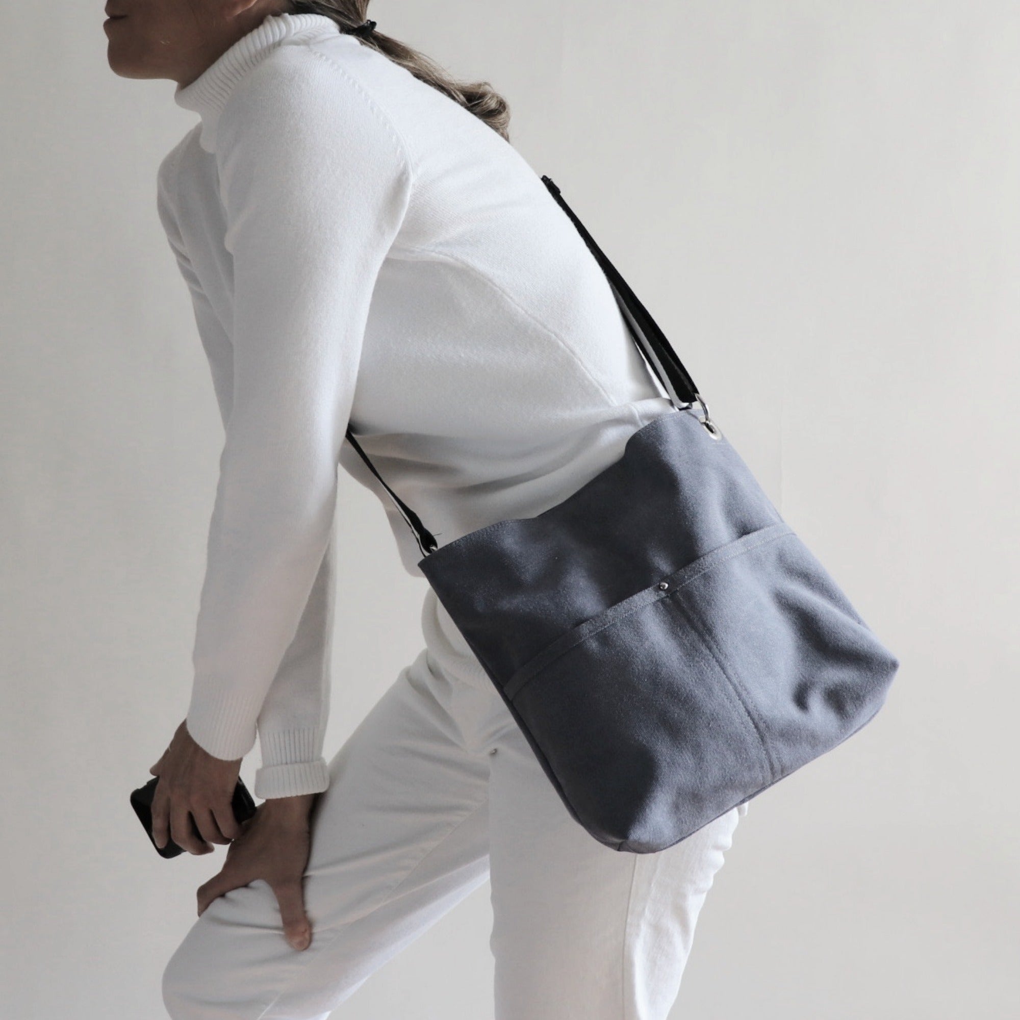Medium Hobo Bag in Dark Charcoal Gray Canvas - Image 4