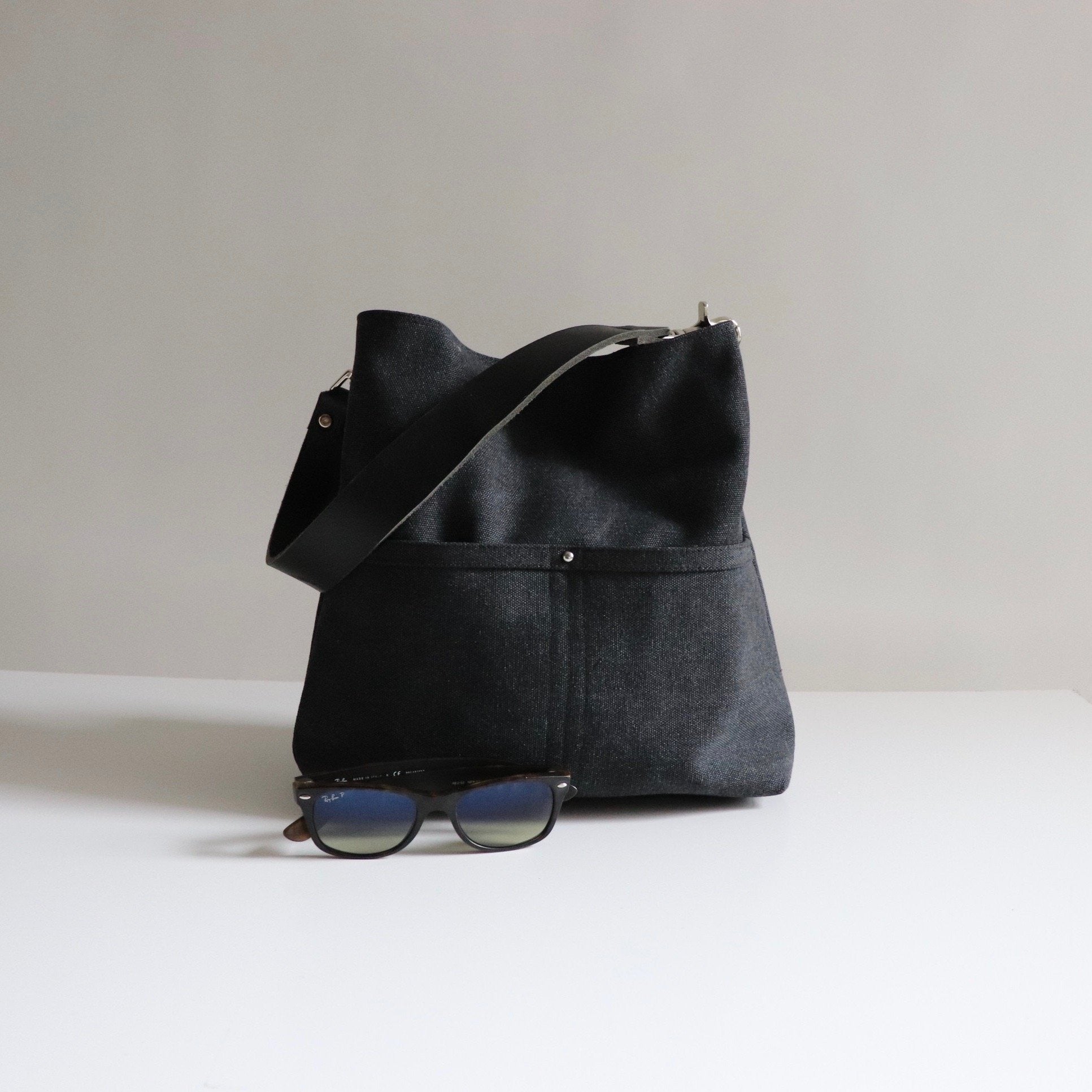 Medium Hobo Bag in Dark Charcoal Gray Canvas - Image 6