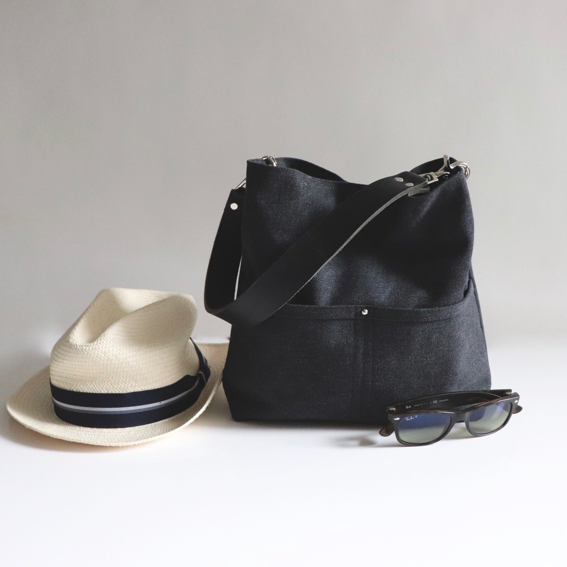 Medium Hobo Bag in Dark Charcoal Gray Canvas - Image 3