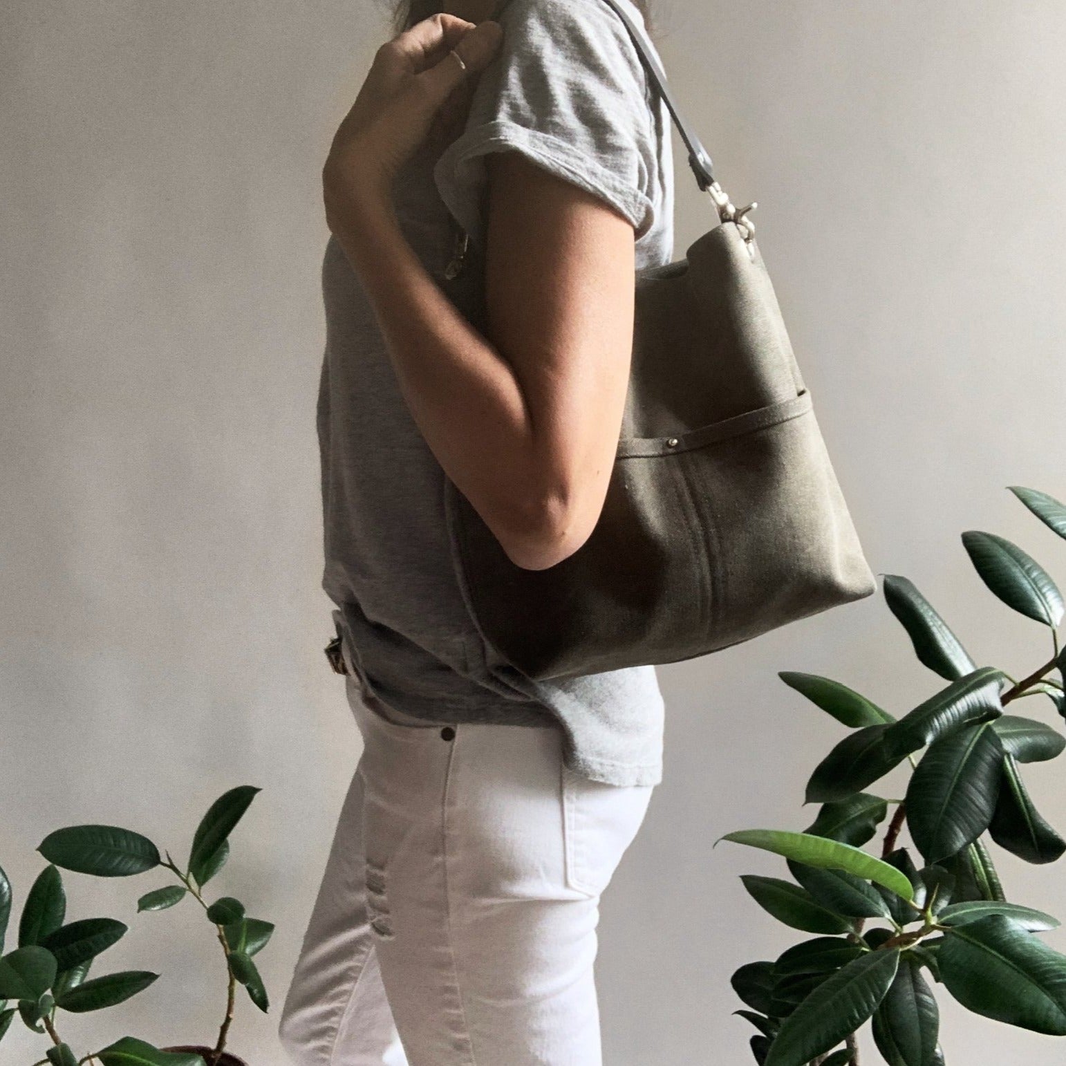 Medium Hobo Bag in Dark Charcoal Gray Canvas - Image 5